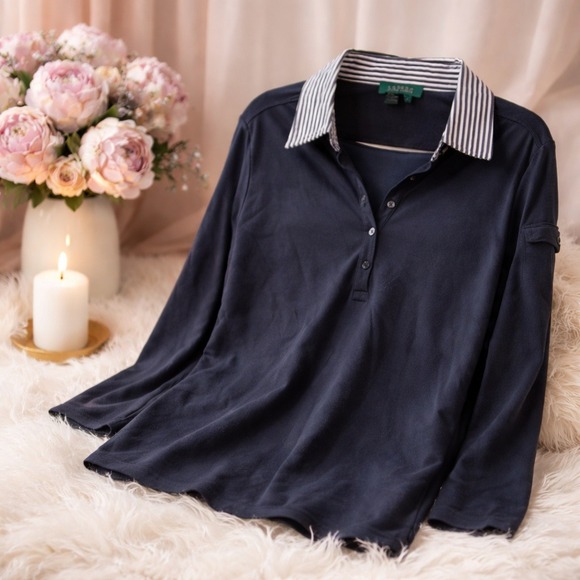 Lauren Ralph Lauren Tops - Lauren‎ Ralph Lauren L Black Long Sleeve Polo Shirt Striped Collar Womens Goth